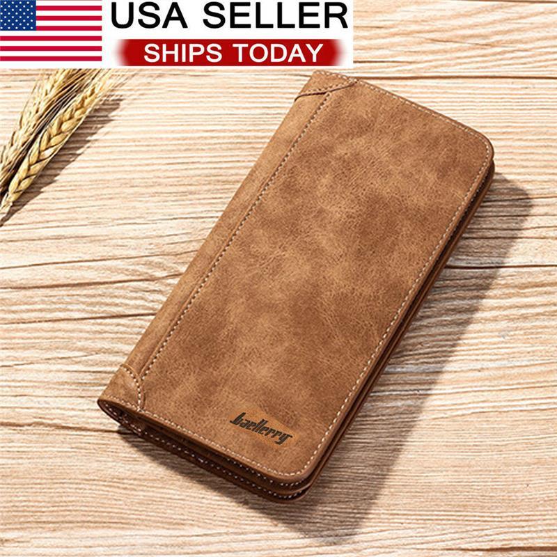 Men's Leather Long Wallet Bifold ID Card Holder Purse Checkbook Clutch Billfold