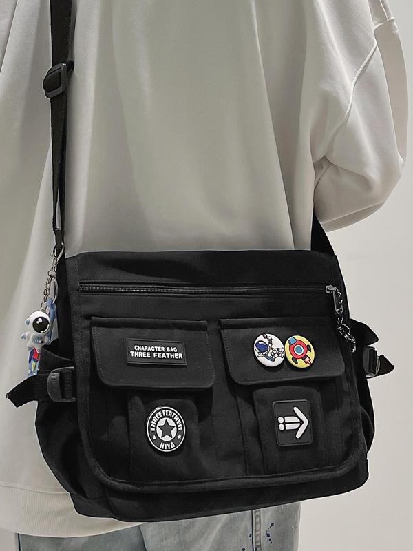 Men's Casual Plain Zipper Messenger Bag, Large Capacity Shoulder Bag with Badge Decoration, Casual Trendy Versatile High-quality Daily Commuting Bag