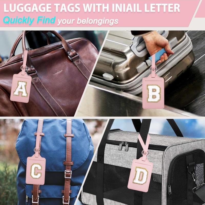 Personalized Initial Luggage Tags for Suitcases, Leather Letter Cute Luggage Tags with Privacy Name Card, Embroidered Travel Bag Backpack Tags Gifts for Women Girls Teens(Pink-A)