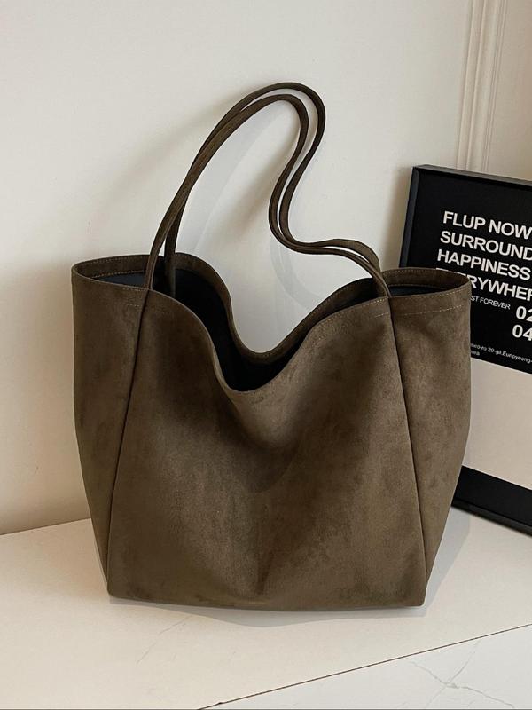 Women's Solid Color Suede Tote Bag, Fashionable Large Capacity Shoulder Bag for Daily Shopping, Commuting, Traveling, Casual Trendy Versatile High-quality Daily Commuting Bag