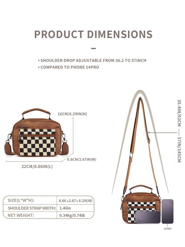 Checkerboard Pattern Colorblock Crossbody Bag, Fashion Pu Leather Waterproof Zipper Shoulder Bag for Women, Designer Crossbody Bags for Women, Casual Trendy Versatile High-quality Daily Commuting Bag