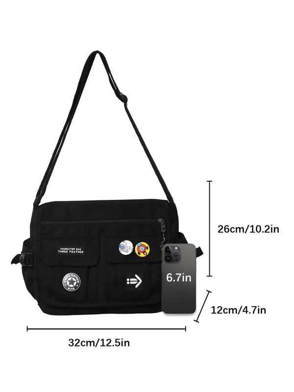 Men's Casual Plain Zipper Messenger Bag, Large Capacity Shoulder Bag with Badge Decoration, Casual Trendy Versatile High-quality Daily Commuting Bag