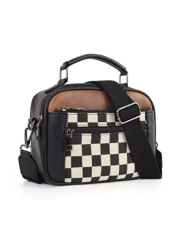 Checkerboard Pattern Colorblock Crossbody Bag, Fashion Pu Leather Waterproof Zipper Shoulder Bag for Women, Designer Crossbody Bags for Women, Casual Trendy Versatile High-quality Daily Commuting Bag