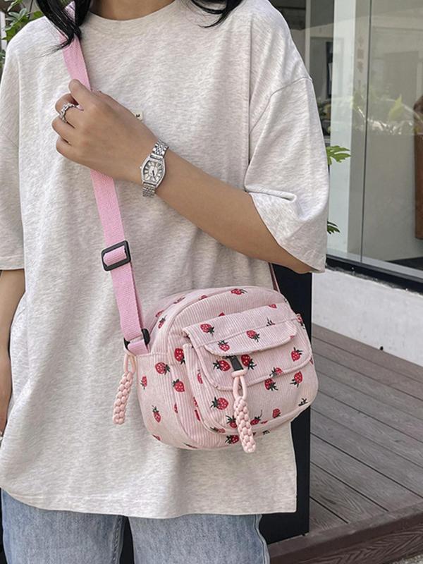 Women's Strawberry Pattern Corduroy Crossbody Bag, Girls Birthday Gift, Designer Shoulder Bag for Daily Used, Casual Trendy Commuting Bag Back To School