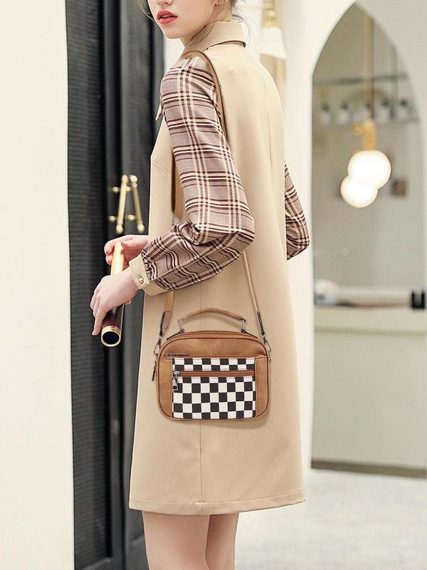 Checkerboard Pattern Colorblock Crossbody Bag, Fashion Pu Leather Waterproof Zipper Shoulder Bag for Women, Designer Crossbody Bags for Women, Casual Trendy Versatile High-quality Daily Commuting Bag