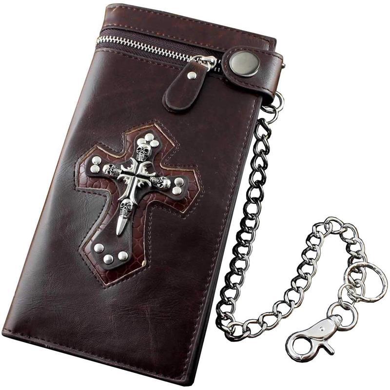 Mens Boys Cross Zipper Checkboot Long Leather Biker Wallet With Chain