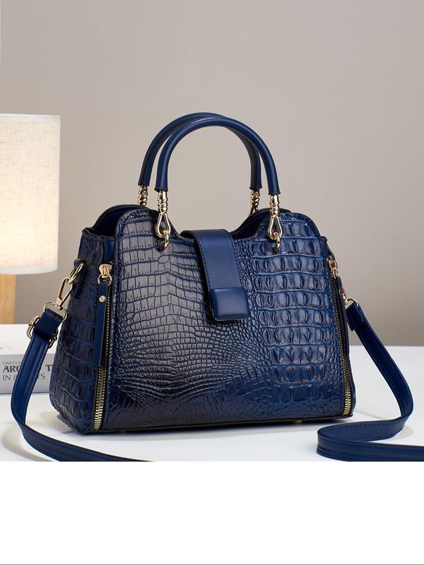 Women's 2024 Summer Fashionable Crocodile Embossed Lux Handbag, Casual Plain PU Leather Zipper Crossbody Bag, Work Bag, Everyday Bag for Work & Daily Use