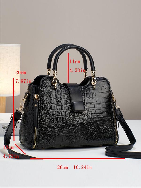 Women's 2024 Summer Fashionable Crocodile Embossed Lux Handbag, Casual Plain PU Leather Zipper Crossbody Bag, Work Bag, Everyday Bag for Work & Daily Use