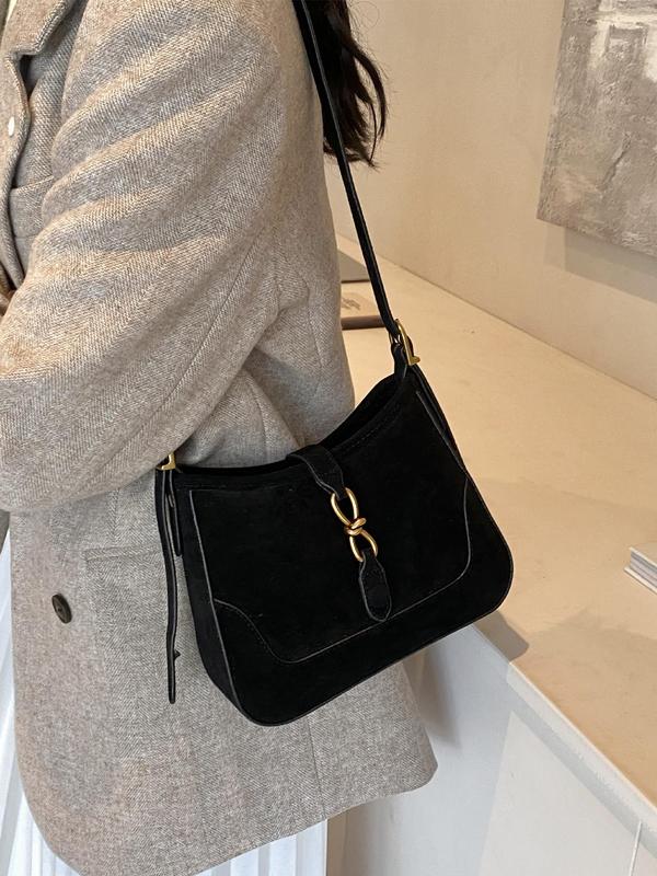 Women's Solid Color Suede Crossbody Bag, Fashionable Belted Design Shoulder Bag for Daily Used, Casual Trendy Versatile High-quality Daily Commuting Bag