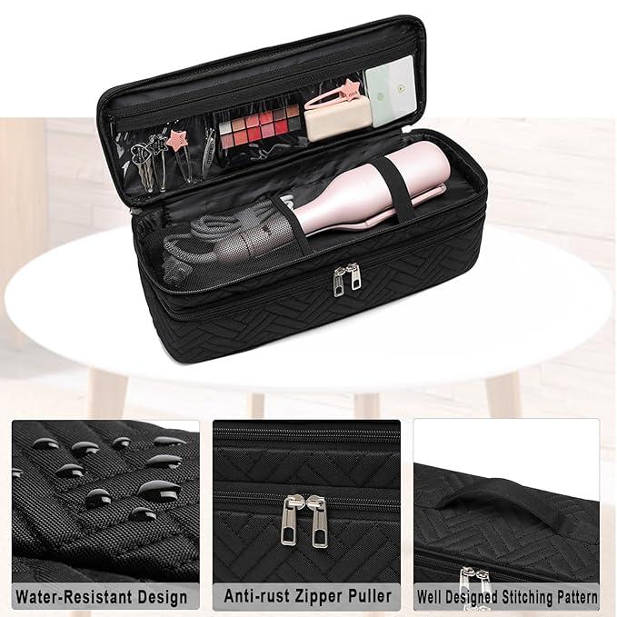 Double-Layer Hair Dryer Volumizer Styler Carrying Case - Water Resistant Travel Organizer for FlexStyle Attachment (Bag Only) - Black Solid Print