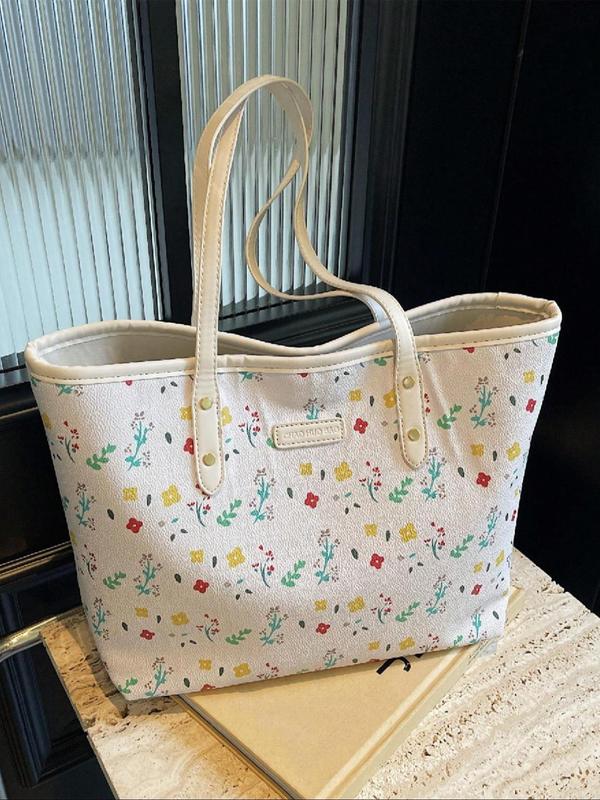 Fashion All Over Bowknot Print Label Patched Design Tote Bag, Casual Large Capacity Shoulder Bag for Women, Trendy Versatile High-quality Daily Commuting Bag, Girl Fashionable Bag