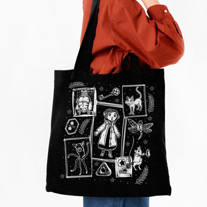 Coraline Doodles Tote Bag, Coraline Tote bags, Coraline Horror Movie, Halloween movie, Chritmas Gifts, Coraline Accessorie, Coraline Tote Bag Gift