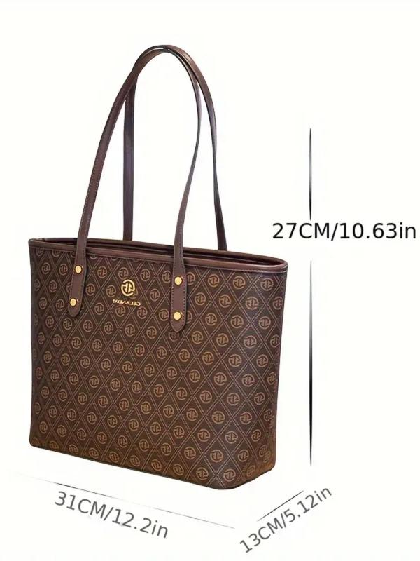 Summer Retro Geometric Pattern Zipper Shoulder Bag with Coin Purse, Simple Fashion Large Capacity Everything Tote Bag for School & Commuting & Travel, Trendy All-match Work Bags for Women