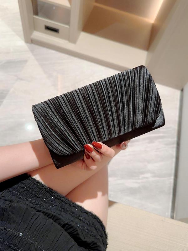 Women's Solid Color Pleated Clutch With Long Chain Strap, Mini Evening Party Gift Bag