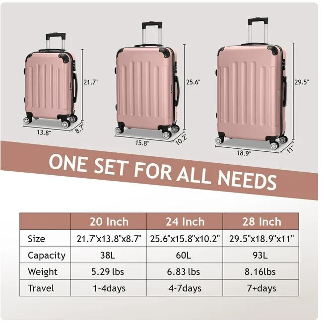 3 Piece Luggage. Hardside Lightweight Spinner Rose Gold 3 Piece Luggage Set with TSA Lock