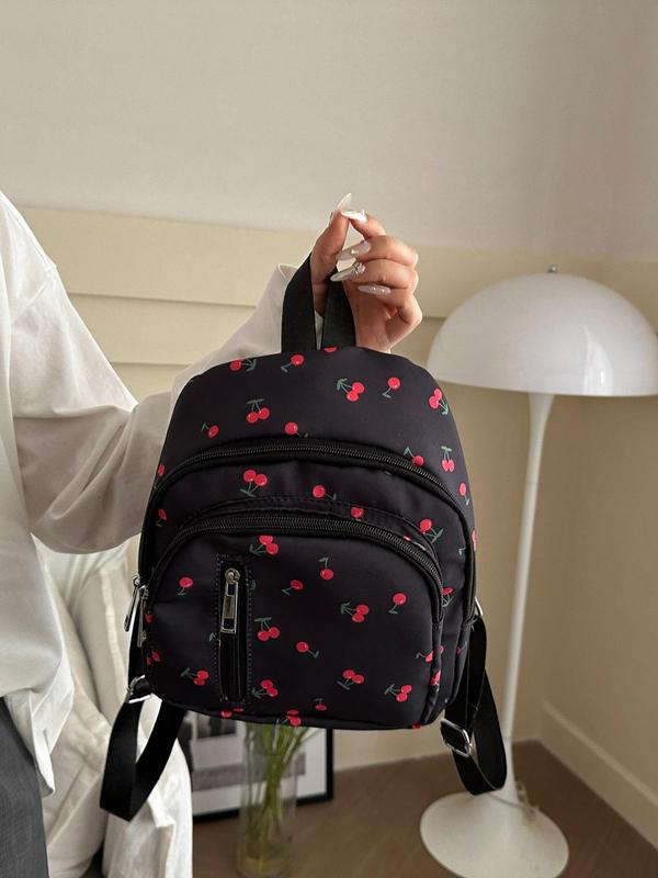 Cherry Pattern Backpack, Casual Fruit Pattern Zipper Backpack for Women & Girls, Fashionable Backpack for Daily Use