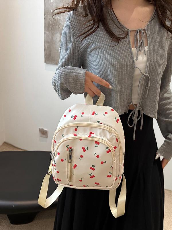 Cherry Pattern Backpack, Casual Fruit Pattern Zipper Backpack for Women & Girls, Fashionable Backpack for Daily Use