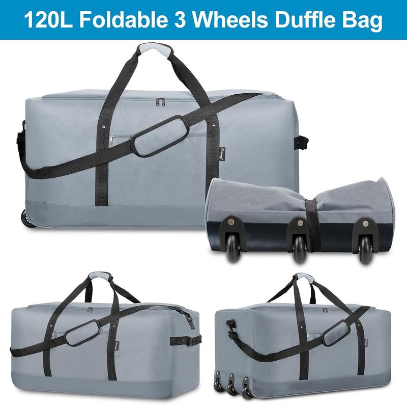 120L Foldable Rolling Duffel Bag with 3 Wheels, Light Weight Travel Duffel bag with Large Loading Capacity, 32 inch Rolling Duffel bag with  Strap for Travel Camping