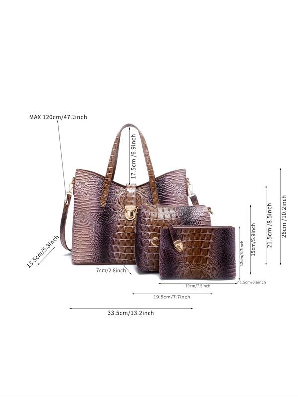 Women's Elegant Retro Crocodile Embossed Tote Bag Set, Luxury Summer Beach Essentials, Trendy Ombre Large Handbag & Cosmetic Bag & Square Purse As Gifts, Fashion Bag Set for Daily Use Unique Everyday Designer Bags