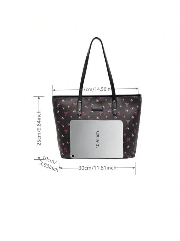 Fashion All Over Bowknot Print Label Patched Design Tote Bag, Casual Large Capacity Shoulder Bag for Women, Trendy Versatile High-quality Daily Commuting Bag, Girl Fashionable Bag