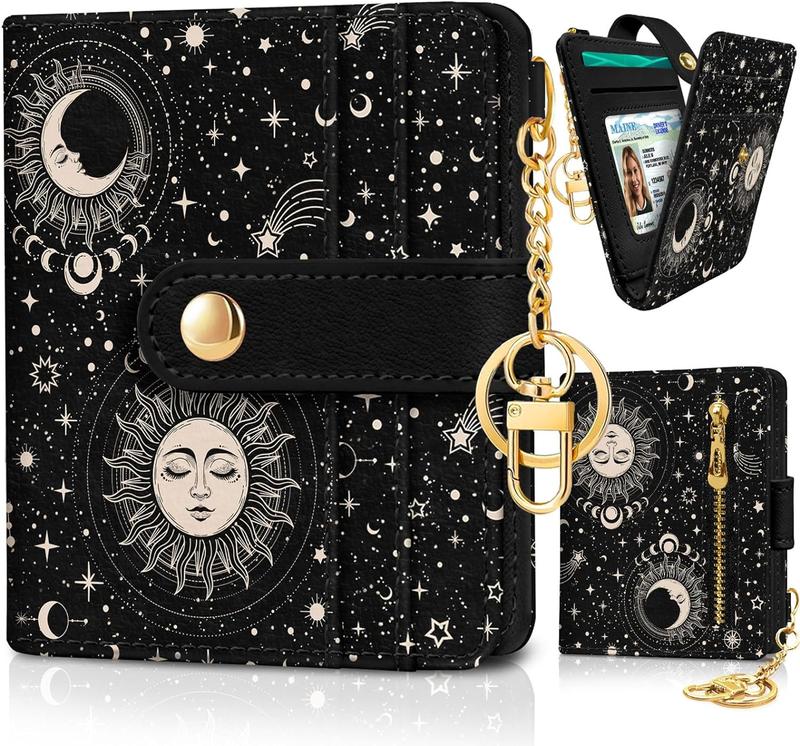 Women Wallet, Small Slim Thin Credit Card Wallet, PU Leather Bifold with Zipper Coin Sun and Moon Design