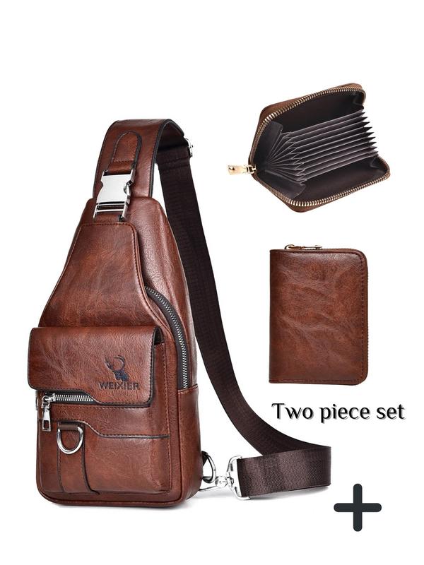 Men's Casual Plain Color Zipper Sling Bag (2pcs set), Fashionable Pu Leather Chest Bag with Card Holder, Casual Trendy Versatile High-quality Daily Commuting Bag