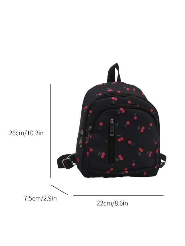 Cherry Pattern Backpack, Casual Fruit Pattern Zipper Backpack for Women & Girls, Fashionable Backpack for Daily Use