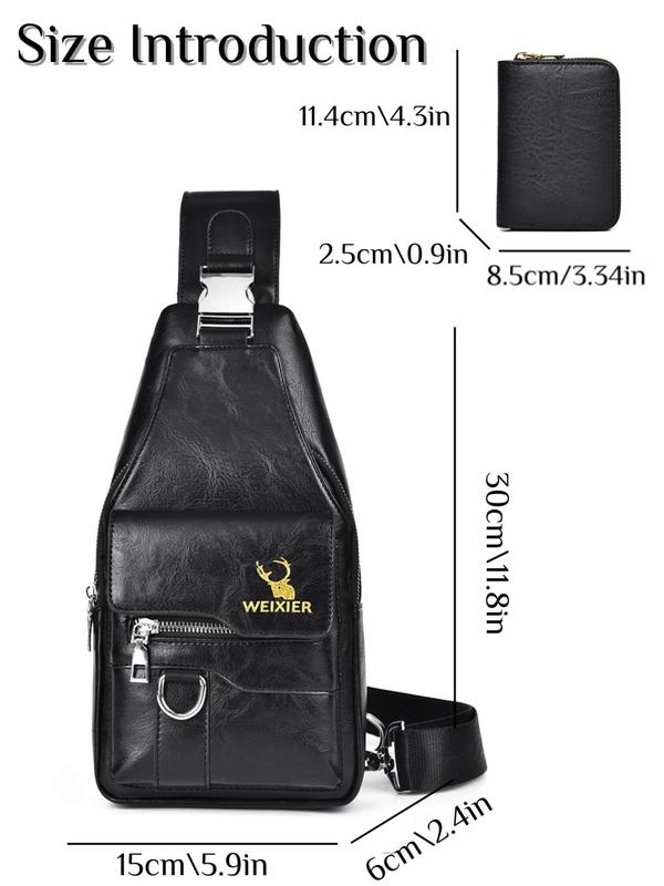 Men's Casual Plain Color Zipper Sling Bag (2pcs set), Fashionable Pu Leather Chest Bag with Card Holder, Casual Trendy Versatile High-quality Daily Commuting Bag