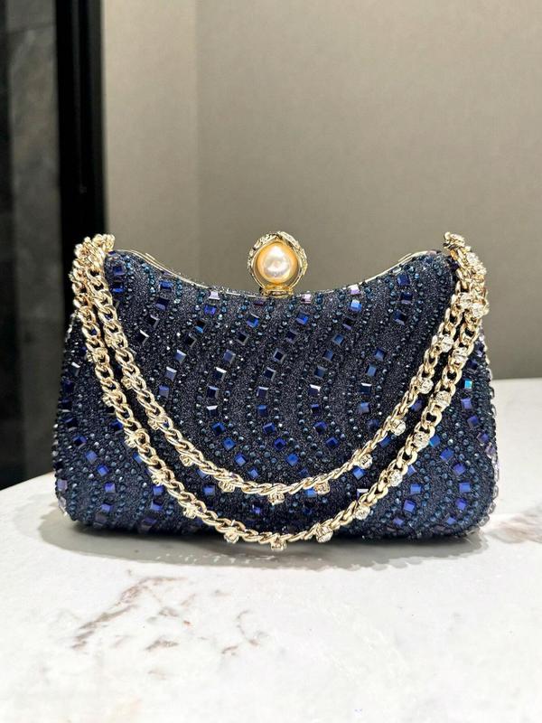 Women's Elegant Rhinestone & Faux Pearl Decorated Handbag, Exquisite Trendy Chain Strap Clutch Bag, Fashionable Handbag for Party Decoration