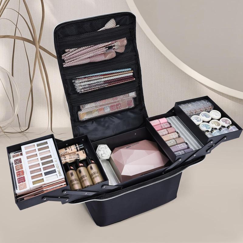 Joligrace Extra Large Makeup Case Professional Makeup Box 4 Trays Cosmetic Storage Handbag Travel Makeup Bag with Shoulder Strap and Luggage Sleeve