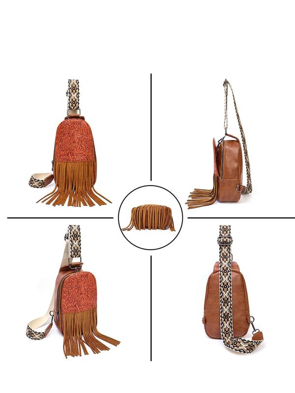 Boho Style Tassel Decorated Fanny Pack, Vintage Style Zipper Chest Bag for Women Girls, Fashionable Sling Bag for Women for Daily Travel Work Commute
