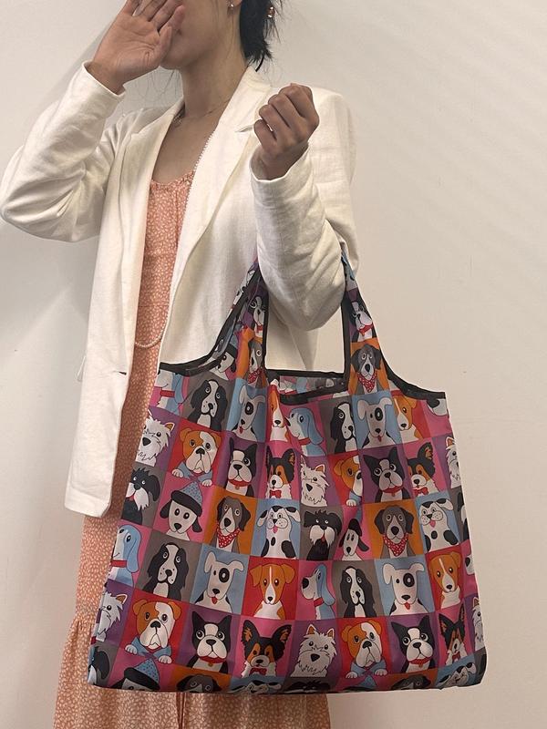 Cartoon Dog Pattern Tote Bag,  Lightweight Large Capacity Shopping Bag for Daily Use, Basic Style Foldable Shoulder Bag for Women & Men