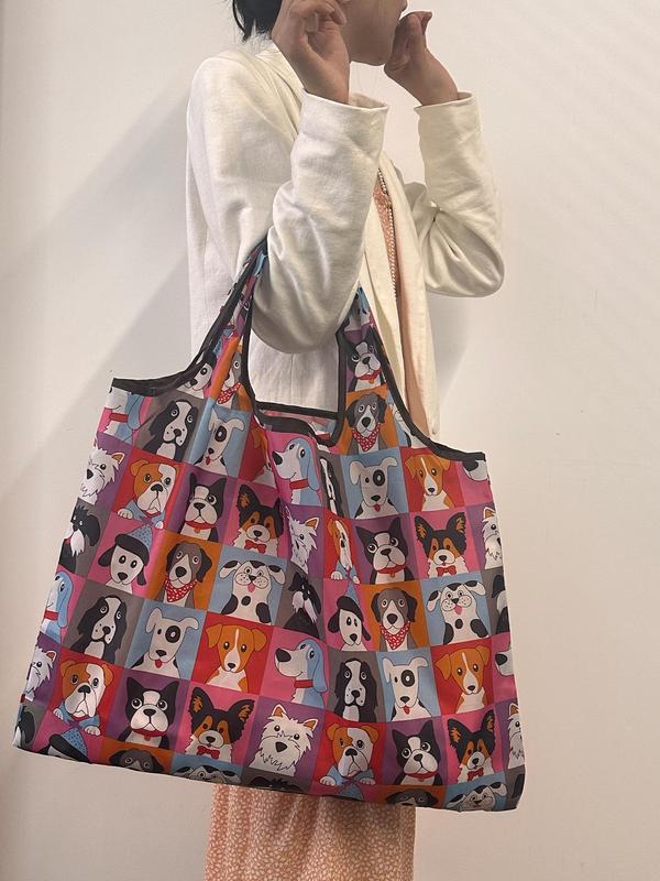 Cartoon Dog Pattern Tote Bag,  Lightweight Large Capacity Shopping Bag for Daily Use, Basic Style Foldable Shoulder Bag for Women & Men