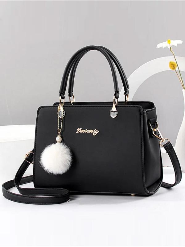 Solid Color Handbag with Faux Fur Pom Pom Charm, Simple All-match Shoulder Luxury Designer Handbags 2024, Pu Leather Zip Crossbody Bag for Women and Girls