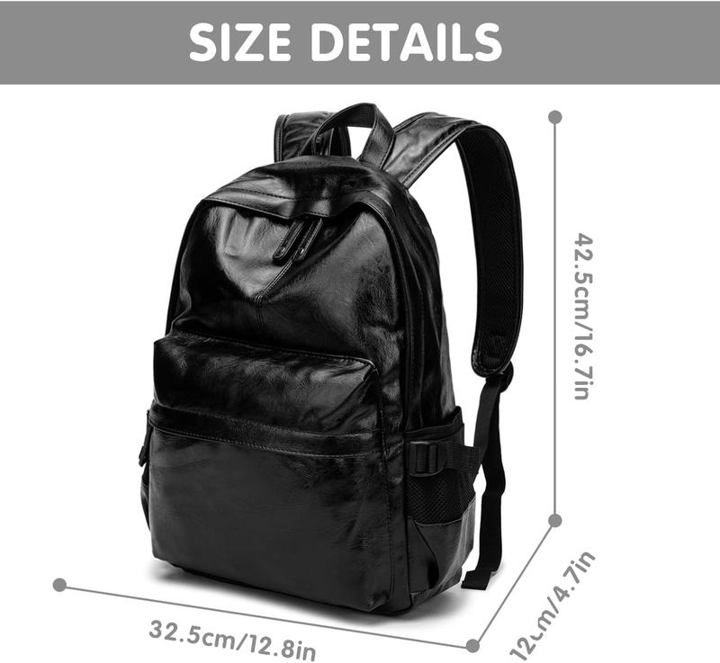 Leather Laptop Backpack for Men Women,  College Bookbag Casual Travel Daypack (Black)