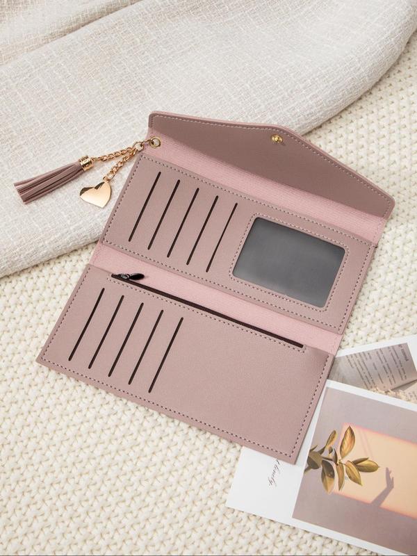 Women's Fashionable Heart Decor Tassel Design Long Wallet, Casual PU Leather Zipper Wallet for Daily Used, Versatile Ultra-slim Card Holder