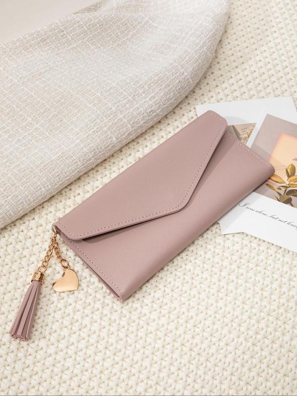 Women's Fashionable Heart Decor Tassel Design Long Wallet, Casual PU Leather Zipper Wallet for Daily Used, Versatile Ultra-slim Card Holder