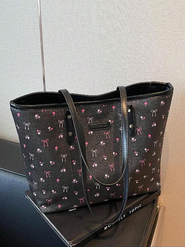 Fashion All Over Bowknot Print Label Patched Design Tote Bag, Casual Large Capacity Shoulder Bag for Women, Trendy Versatile High-quality Daily Commuting Bag, Girl Fashionable Bag