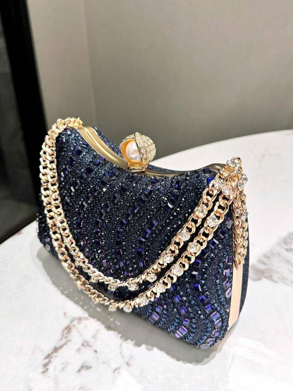 Women's Elegant Rhinestone & Faux Pearl Decorated Handbag, Exquisite Trendy Chain Strap Clutch Bag, Fashionable Handbag for Party Decoration