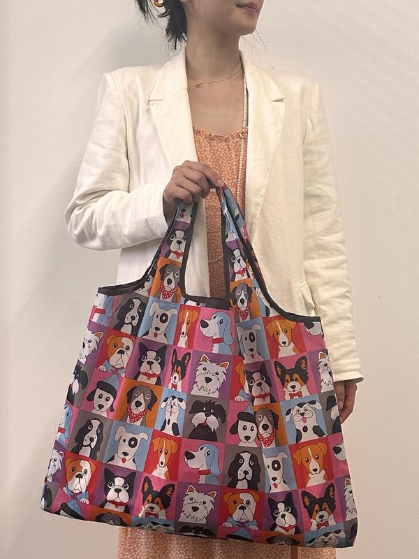 Cartoon Dog Pattern Tote Bag,  Lightweight Large Capacity Shopping Bag for Daily Use, Basic Style Foldable Shoulder Bag for Women & Men