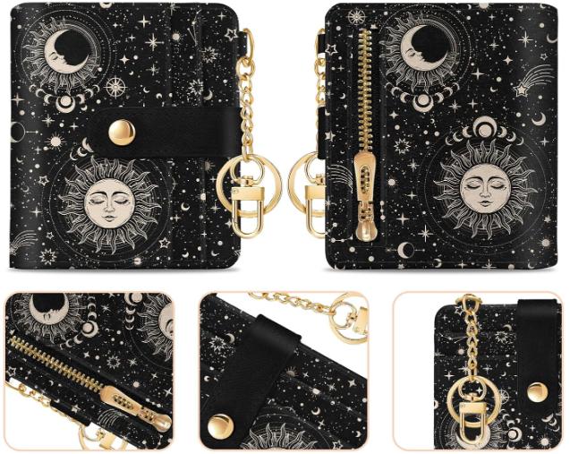 Women Wallet, Small Slim Thin Credit Card Wallet, PU Leather Bifold with Zipper Coin Sun and Moon Design