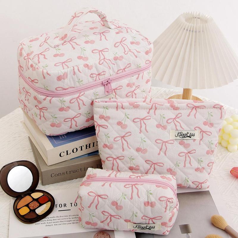 Bow Pattern Makeup Bag Set, 3 Counts set Large Capacity Travel Cosmetic Bag, Zipper Makeup Organizer Pouch, Versatile Storage Bag for Skincare