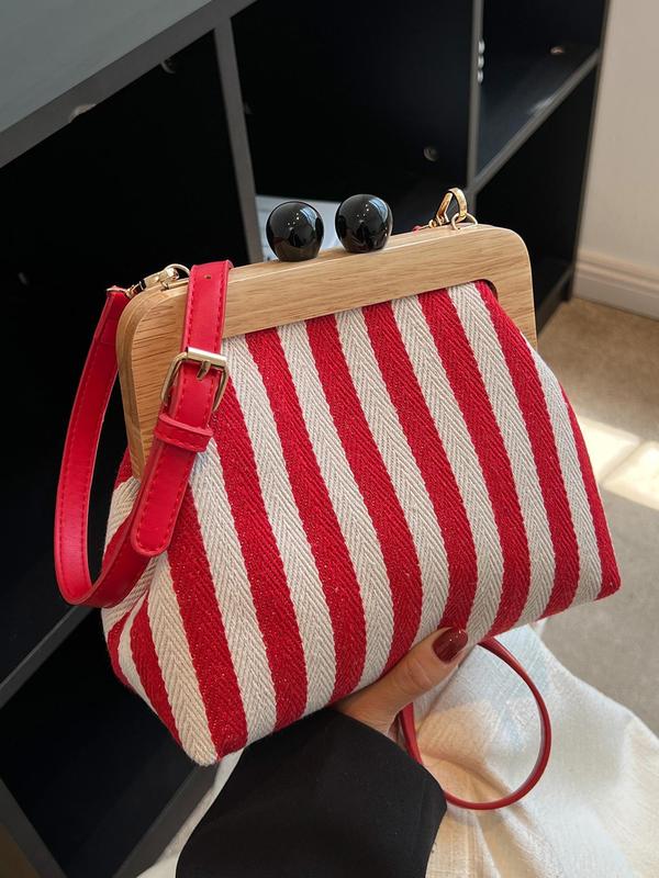 Women's Summer Vintage Striped Pattern Kiss Lock Canvas Crossbody Bag, Luxury Bags Crossbody, Summer 2024 New Shoulder Bag with Adjustable Strap, Back To School Bag for Working Gift