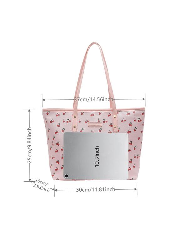 Fashion All Over Bowknot Print Label Patched Design Tote Bag, Casual Large Capacity Shoulder Bag for Women, Trendy Versatile High-quality Daily Commuting Bag, Girl Fashionable Bag