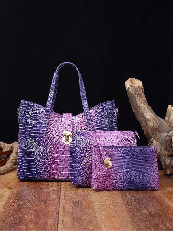 Women's Elegant Retro Crocodile Embossed Tote Bag Set, Luxury Summer Beach Essentials, Trendy Ombre Large Handbag & Cosmetic Bag & Square Purse As Gifts, Fashion Bag Set for Daily Use Unique Everyday Designer Bags