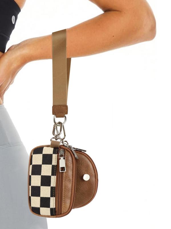 Women's Checkered Pattern Zipper Short Wallet with Detachable Keychain, Casual Versatile 2 in 1 Wristlet Wallet, Trendy All-match Card Holder for Daily Use