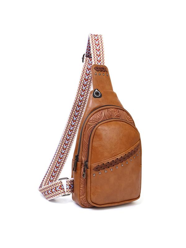 Women's Fashionable Floral Pattern Zipper Chest Pack, Casual Pu Leather Sling Bag with Adjustable Strap for Daily Used, Trendy Versatile High-quality Daily Commuting Bag