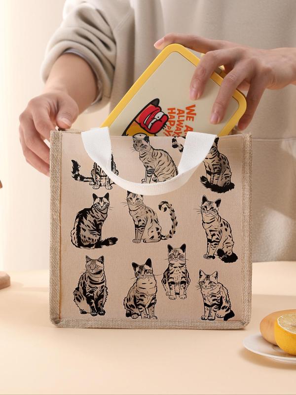 Cat Pattern Lunch Bag, Portable Lunch Box Handbag, Large Capacity Lunch Bag for Women & Men, Casual Lunch Bag for School & Office & Camping & Picnic