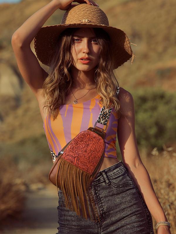 Boho Style Tassel Decorated Fanny Pack, Vintage Style Zipper Chest Bag for Women Girls, Fashionable Sling Bag for Women for Daily Travel Work Commute