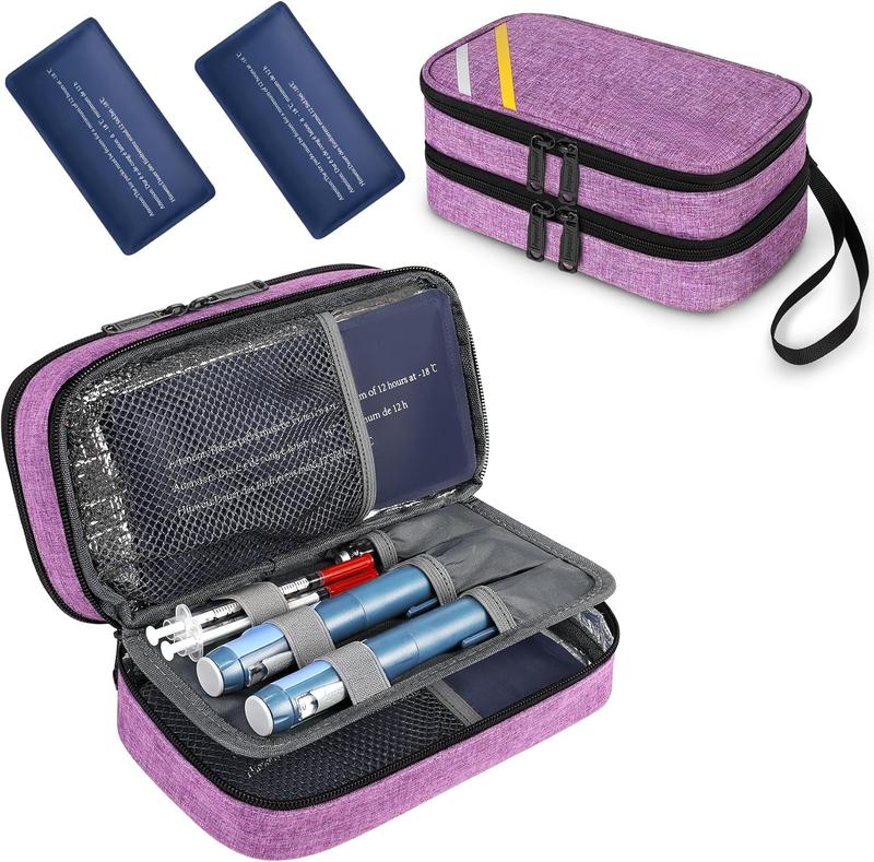 Diabetic Travel Case, Double Layer Insulin Cooler Travel Case for Women with 2 Ice Packs, Diabetic Supplies Pen Case with Medication Storage for Insulin Pens,  Glucose Meter, Purple